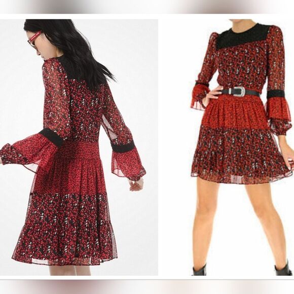 Michael Kors Chiffon Red and Black Floral Mixed Pattern Long Sleeve Dress Size M - Picture 1 of 16